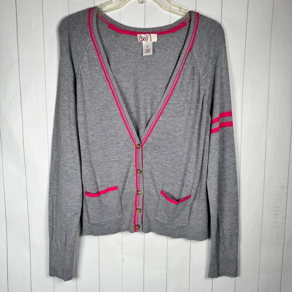 Y2K Preppy Academic Cardigan Sweater Top Gray/Pink School Brat Flirty Juniors XL